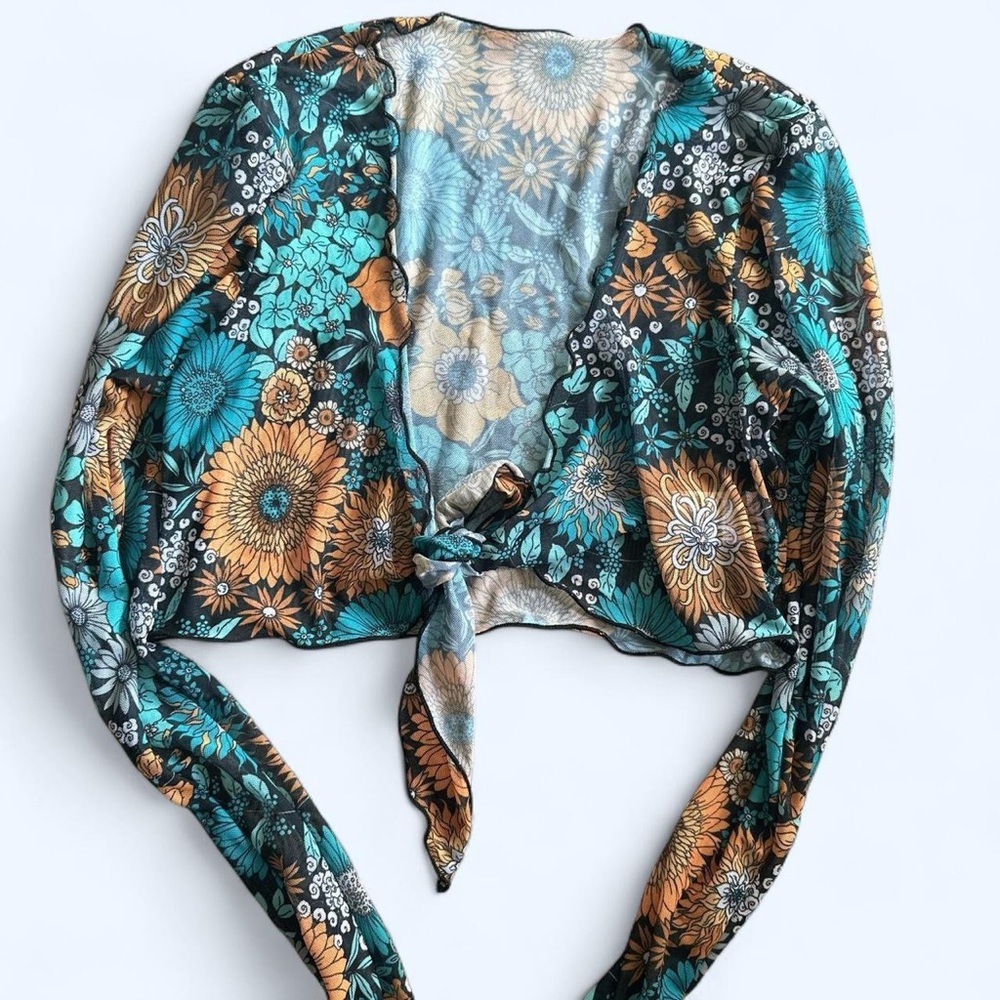 Blue and Orange Floral Tie-Front Crop Top